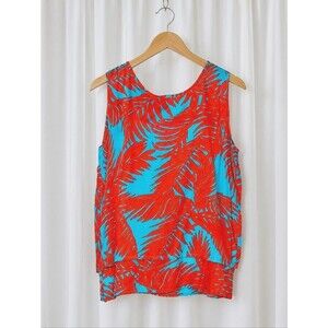 Escapada Living Bold Orange Tropical Leaf Print Layered Drape Sleeveless Blouse